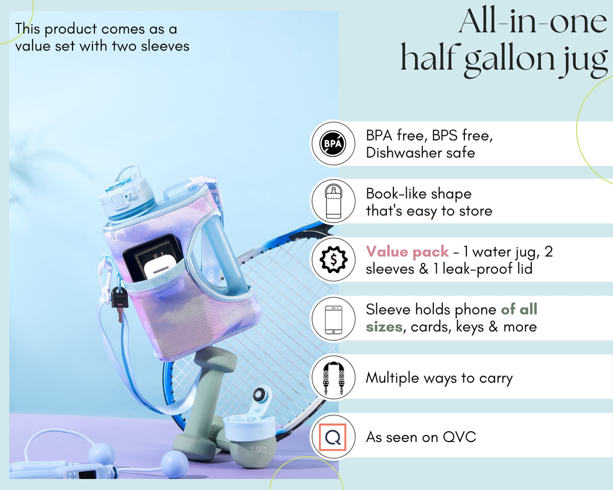 Dawn sky + blue tiedye- Cube value pack - 2.2L Water Bottle with Strap with 2 Storage Sleeves